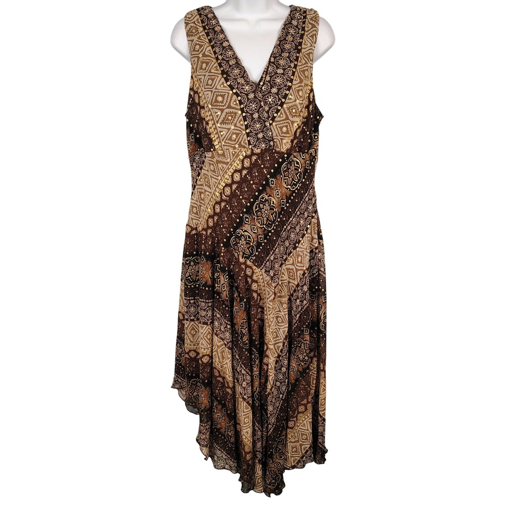 Chris McLaughlin Womens SZ 14 Maxi Dress Brown Patchwork Boho Sequin Whimsigoth
